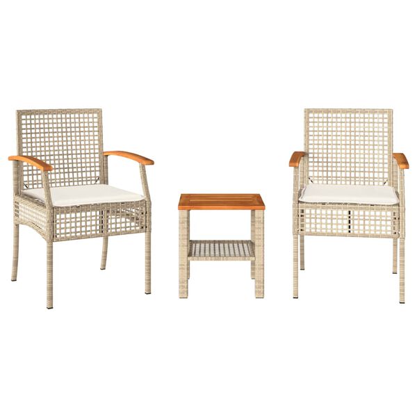 vidaXL 3-tlg. Bistro-Set mit Kissen Beige Poly Rattan Akazienholz