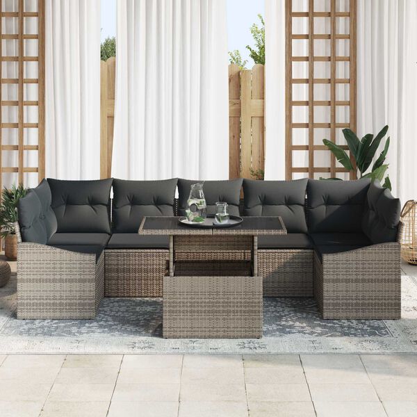 vidaXL Garten-Sofa-Set mit Kissen mit Speicher 8 pcs Grau Poly-Rattan