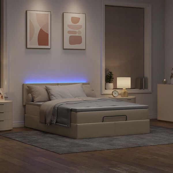 vidaXL Ottomane Bett mit Matratze & LEDs Creme 140x190 cm Stoff