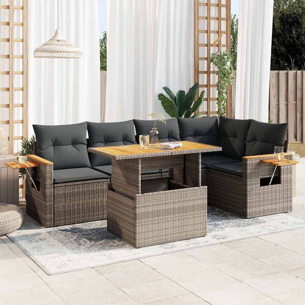 vidaXL 6-tlg. Garten-Sofagarnitur mit Kissen Grau Poly Rattan Akazie