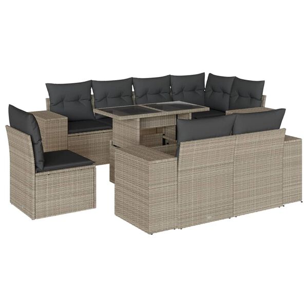 vidaXL 9-tlg. Garten-Sofagarnitur mit Kissen Hellgrau Poly Rattan