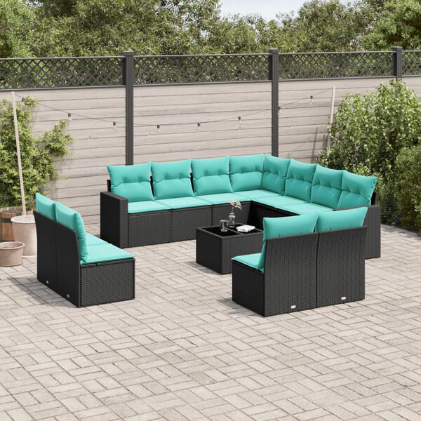 vidaXL 12-tlg. Garten-Sofagarnitur mit Kissen Schwarz Poly Rattan