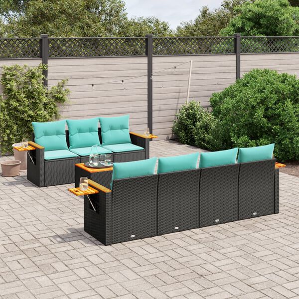 vidaXL 8-tlg. Garten-Sofagarnitur mit Kissen Schwarz Poly Rattan
