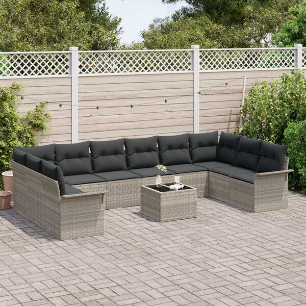 vidaXL Garten-Sofa-Set mit Kissen mit Speicher 11 pcs Grau Poly Rattan
