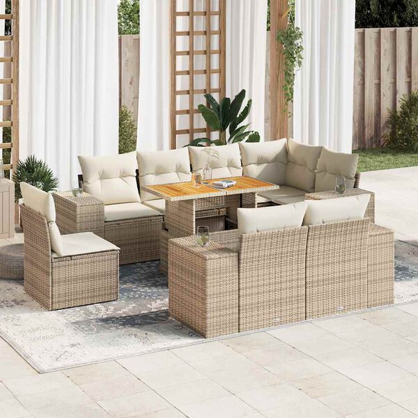vidaXL 9-tlg. Garten-Sofagarnitur mit Kissen Beige Poly Rattan