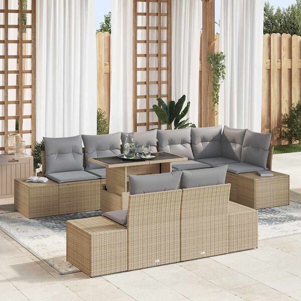 vidaXL Garten-Sofa-Set mit Speicher 9 pcs Beige Poly Rattan