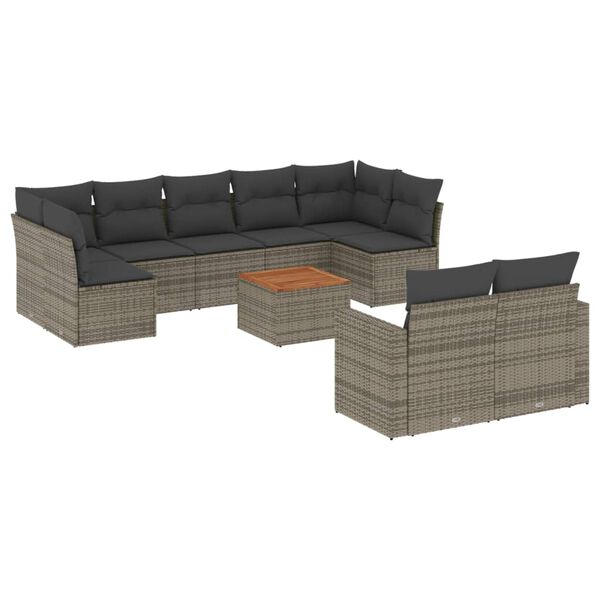 vidaXL 10-tlg. Garten-Sofagarnitur mit Kissen Grau Poly Rattan