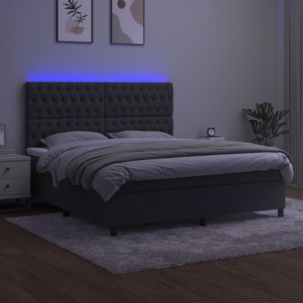 vidaXL Boxspringbett mit Matratze & LED Dunkelgrau 180x200 cm Samt