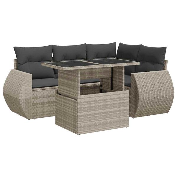 vidaXL 5-tlg. Garten-Sofagarnitur mit Kissen Hellgrau Poly Rattan