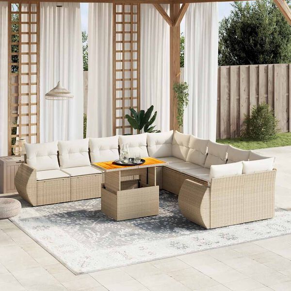 vidaXL 11-tlg. Garten-Sofagarnitur mit Kissen Beige Poly Rattan