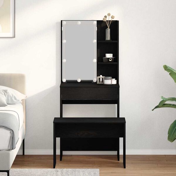 vidaXL LED Schminktisch Set 2 pcs Schwarz Eichen-Optik Holzwerkstoff