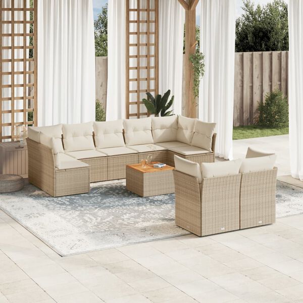 vidaXL 10-tlg. Garten-Sofagarnitur mit Kissen Beige Poly Rattan
