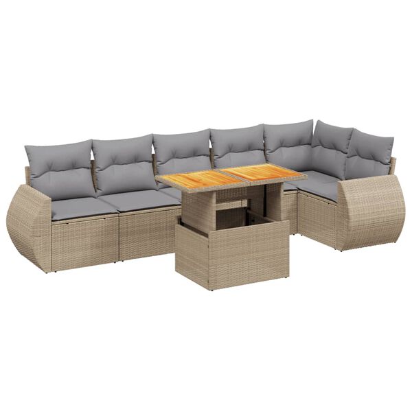 vidaXL 7-tlg. Garten-Sofagarnitur mit Kissen Beige Poly Rattan
