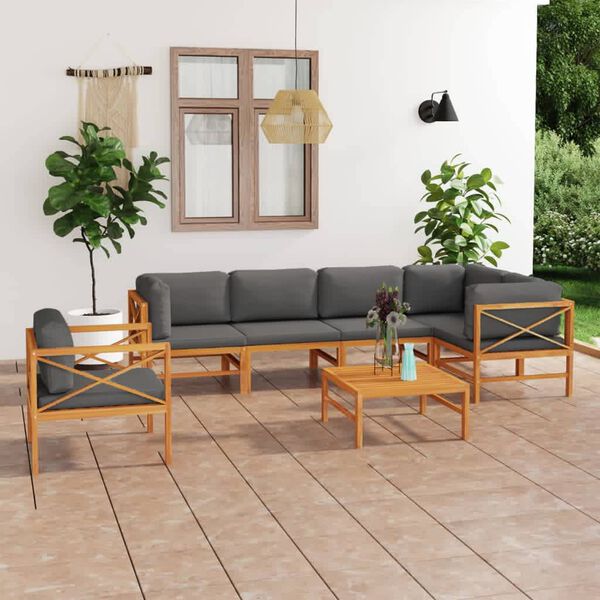 vidaXL 7-tlg. Garten-Lounge-Set mit Grauen Kissen Massivholz Teak