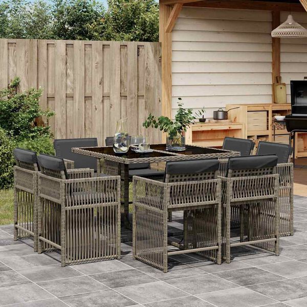 vidaXL 9-tlg. Garten-Essgruppe mit Kissen Grau Poly Rattan