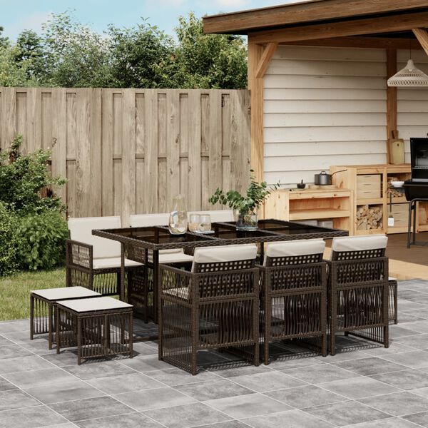 vidaXL 11-tlg. Garten-Essgruppe mit Kissen Braun Poly Rattan