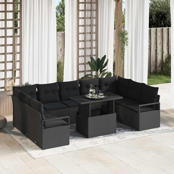 vidaXL Garten-Sofa-Set mit Kissen 10 pcs Schwarz Poly-Rattan