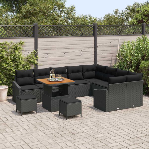 vidaXL Gartensofa-set mit Kissen 12 pcs Schwarz Poly-Rattan