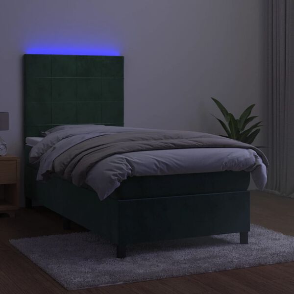 vidaXL Boxspringbett mit Matratze & LED Dunkelgr&uuml;n 90x200 cm Samt