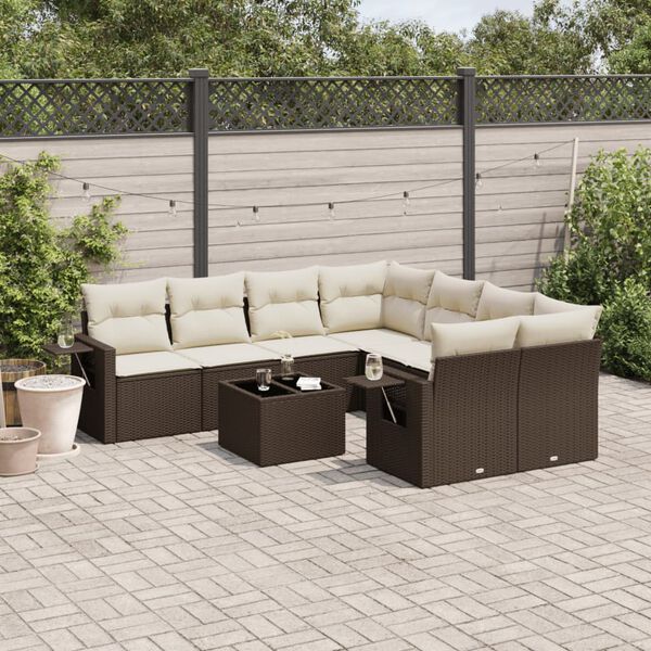 vidaXL 9-tlg. Garten-Sofagarnitur mit Kissen Braun Poly Rattan