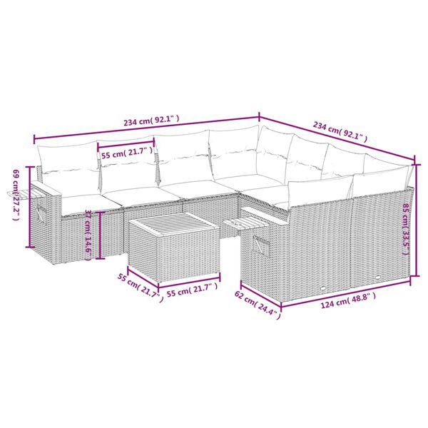 vidaXL 9-tlg. Garten-Sofagarnitur mit Kissen Beige Poly Rattan