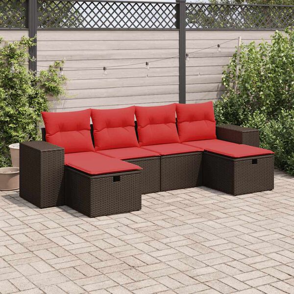 vidaXL 6-tlg. Garten-Sofagarnitur mit Kissen Braun Poly Rattan