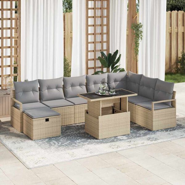 vidaXL Garten-Sofa-Set mit Kissen mit Speicher 9 pcs Beige Poly Rattan