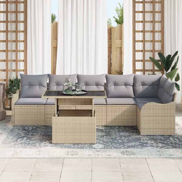 vidaXL Garten-Sofa-Set mit Kissen mit Kissen 7 pcs Beige Poly Rattan