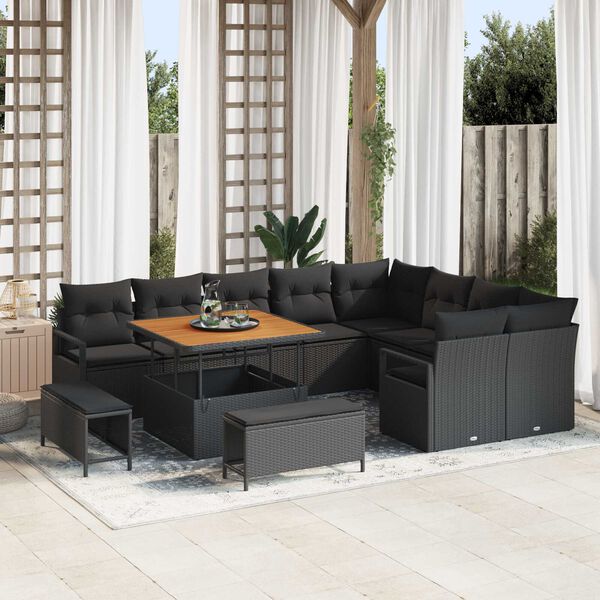 vidaXL Garten-Sofa-Set mit Kissen mit Speicher 12 pcs Schwarz