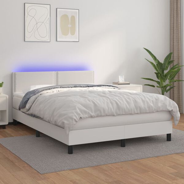 vidaXL Boxspringbett mit Matratze & LED Wei&szlig; 140x190 cm Kunstleder