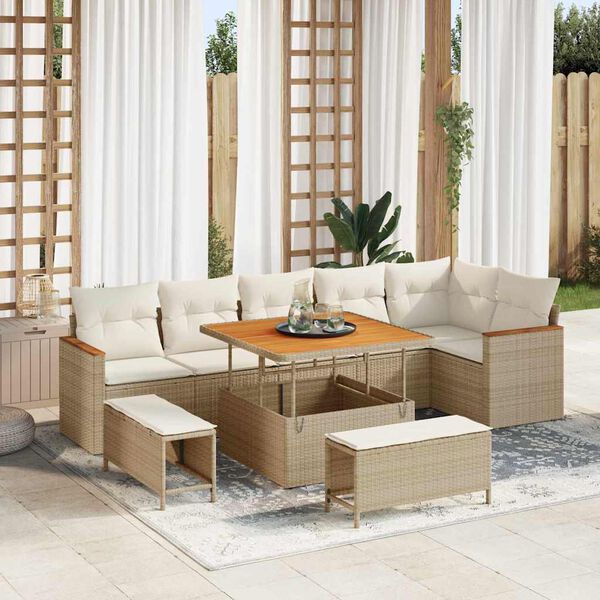 vidaXL Gartensofa-set mit Kissen 9 pcs Beige Poly Rattan