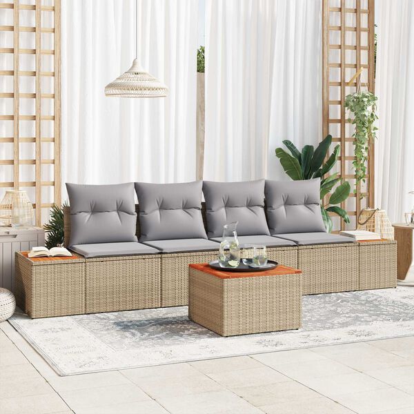 vidaXL Garten-Sofa-Set mit Kissen mit Speicher 5 pcs Beige Poly Rattan
