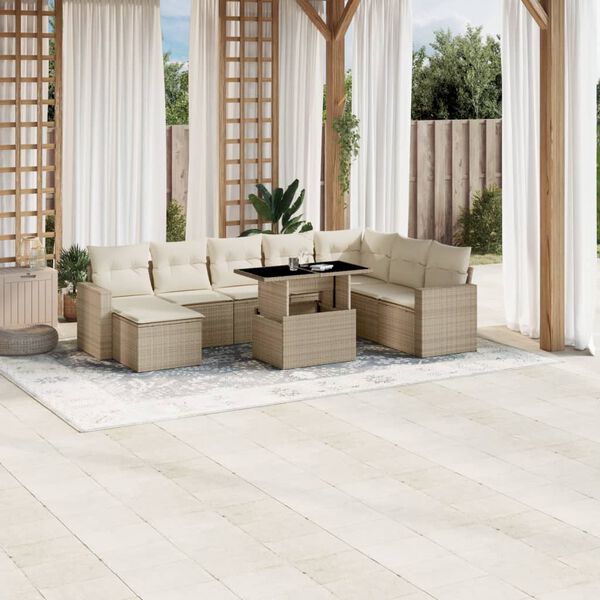 vidaXL 9-tlg. Garten-Sofagarnitur mit Kissen Beige Poly Rattan