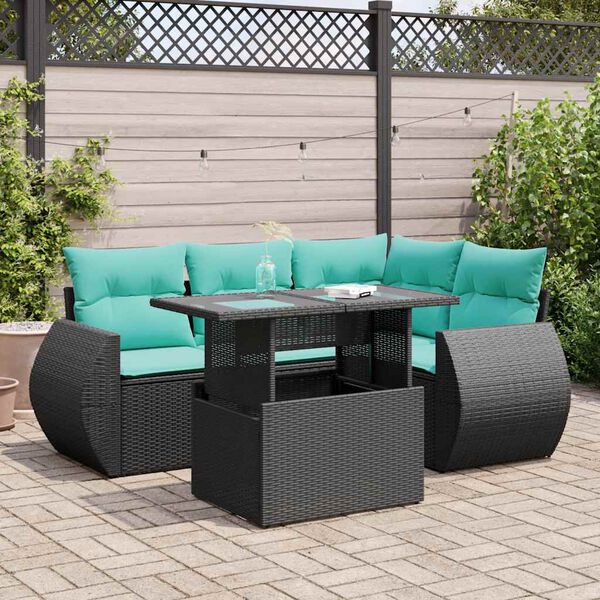 vidaXL 5tlg. Garten-Sofagarnitur mit Kissen Schwarz Poly Rattan Akazie