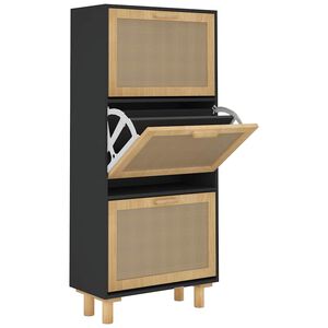 vidaXL Schuhschrank Schwarz 52x25x115 cm Holzwerkstoff & Rattan Natur