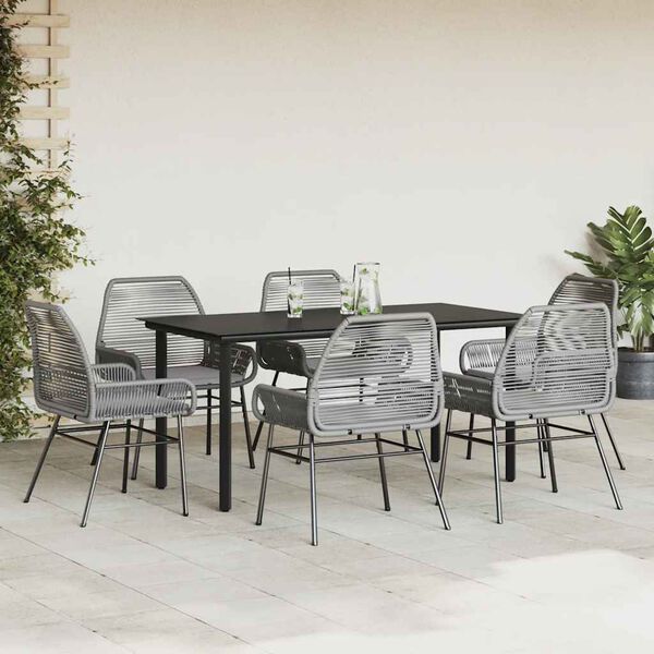 vidaXL 7-tlg. Garten-Essgruppe mit Kissen Grau Poly Rattan Glas