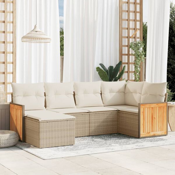 vidaXL 6-tlg. Garten-Sofagarnitur mit Kissen Beige Poly Rattan