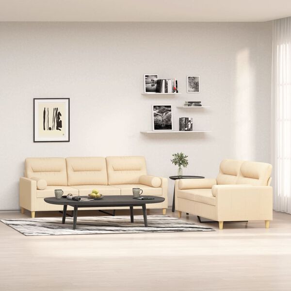vidaXL 2-tlg. Sofagarnitur mit Kissen Creme Stoff