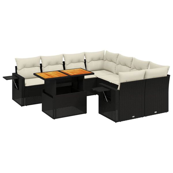 vidaXL 9-tlg. Garten-Sofagarnitur mit Kissen Schwarz Poly Rattan