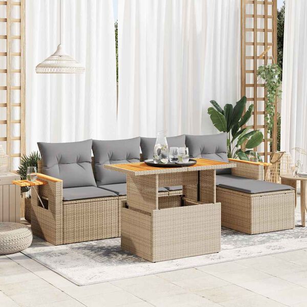 vidaXL 6-tlg. Garten-Sofagarnitur mit Kissen Beige Poly Rattan Akazie
