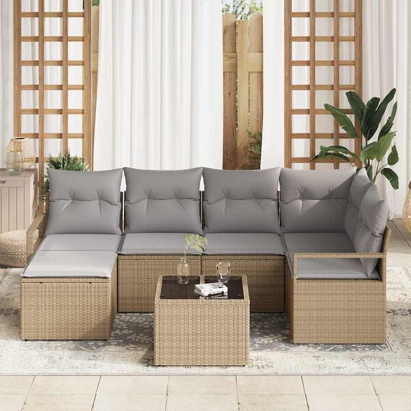 vidaXL Sofa Set mit Kissen 7 pcs Beige Poly Rattan