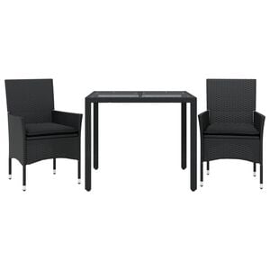 vidaXL 3-tlg. Garten-Essgruppe mit Kissen Schwarz Poly Rattan Glas