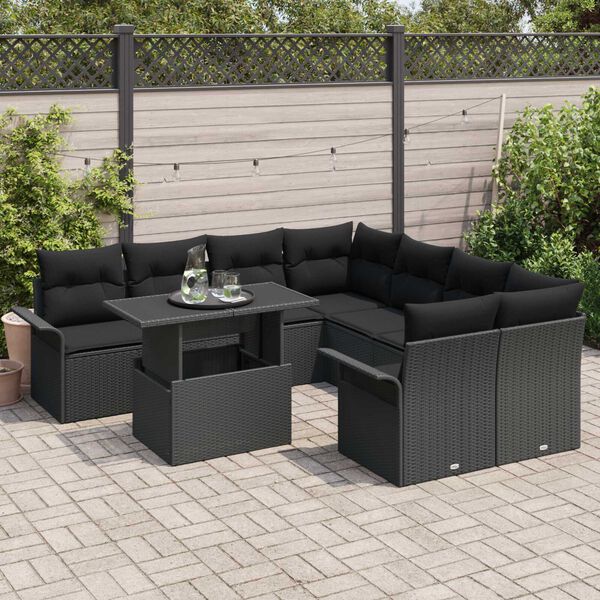 vidaXL Gartensofa-set mit Kissen 9 pcs Schwarz Poly Rattan