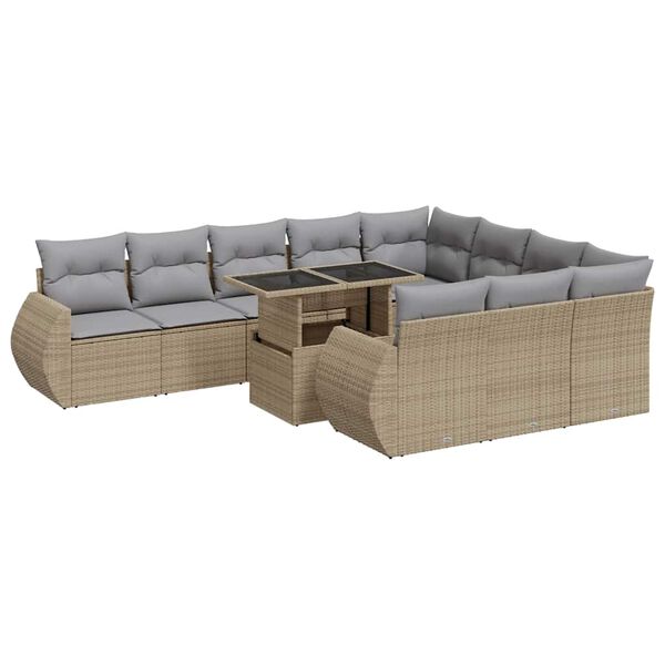 vidaXL 11-tlg. Garten-Sofagarnitur mit Kissen Beige Poly Rattan