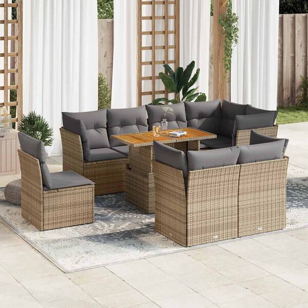 vidaXL 9-tlg. Garten-Sofagarnitur mit Kissen Beige Poly Rattan