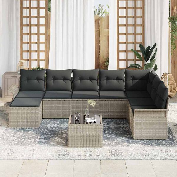 vidaXL Garten-Sofa-Set mit Kissen mit Speicher 9 pcs Grau Poly Rattan