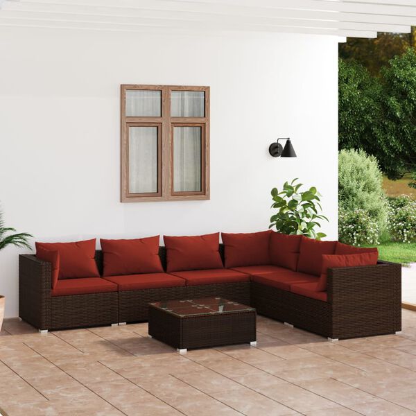 vidaXL 7-tlg. Garten-Lounge-Set mit Kissen Poly Rattan Braun