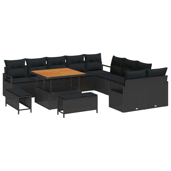vidaXL Garten-Sofa-Set mit Kissen 13 pcs Schwarz Poly Rattan