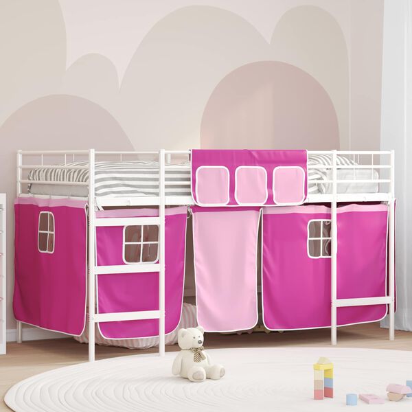 vidaXL Kinder Loft Bettgestell mit Vorh&auml;ngen Wei&szlig; und Rosa 80 x 201 cm