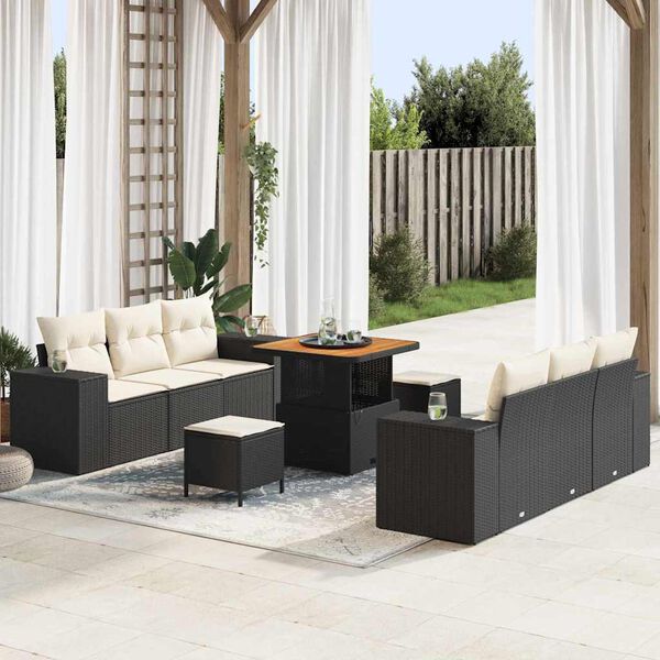 vidaXL Gartensofa-set mit Kissen 9 pcs Schwarz und Creme Poly Rattan